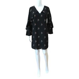 Kobi Halperin Women's Floral Black Ruffle Sleeve Shift Dress V Neck Size S